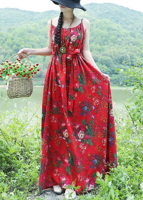 Women red floral cotton linen Tunics Organic Tutorials sleeveless daily summer Dress