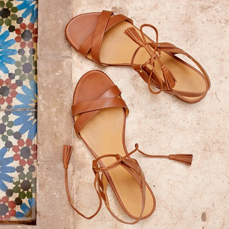 Tan Tassel Comfortable Flats Flat Sandals |FSJ Shoes