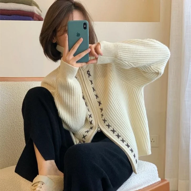 Ueong Ueong Double Zipper Lapel Cardigan Female Lazy Wind Wide Soft Waxy Long Sleeve Sweater Bottom Coat Thick