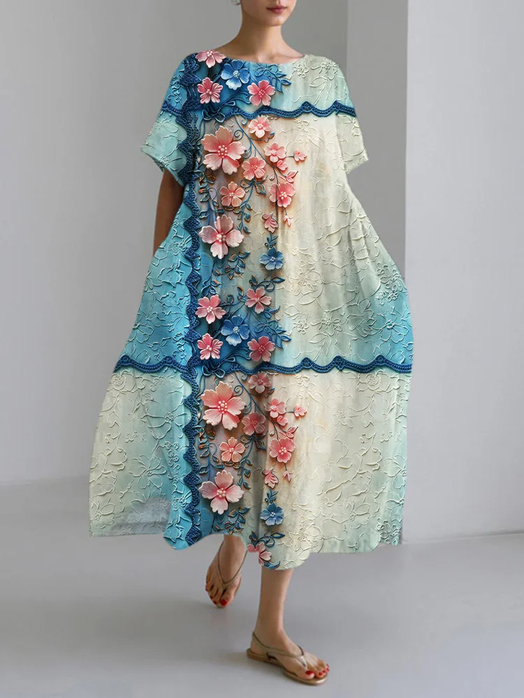 Gradient Embossed Floral Pattern Linen Blend Maxi Dress