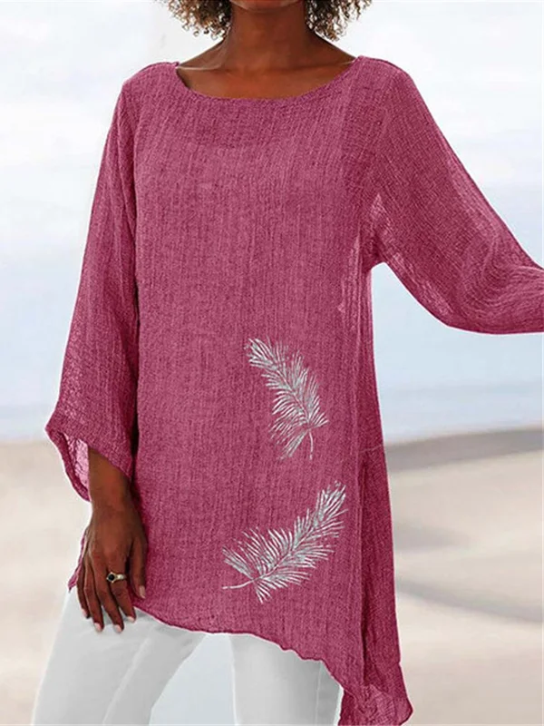Feather Print Crew Neck Long Sleeve Pullover T-Shirt Top