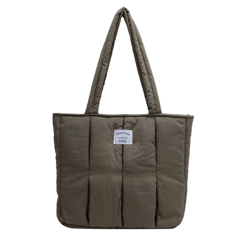 Cotton-filled Soft Waxy Tote Bag Female College Students Class Shoulder Bag Work Commuter Portable Large Bag Nylon Cloth Bag