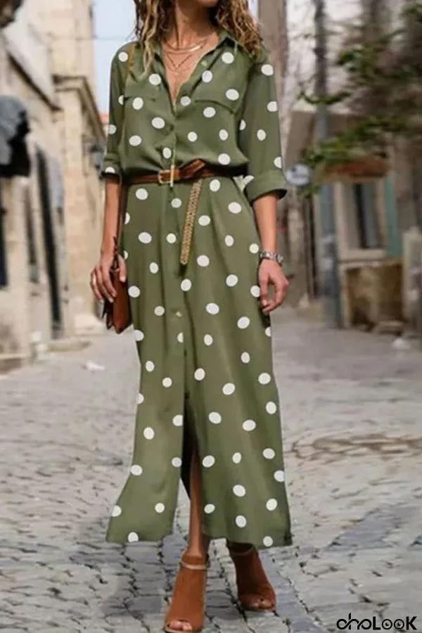 Casual Fashion Polka Dot Print Lapel Long Sleeve Maxi Dress