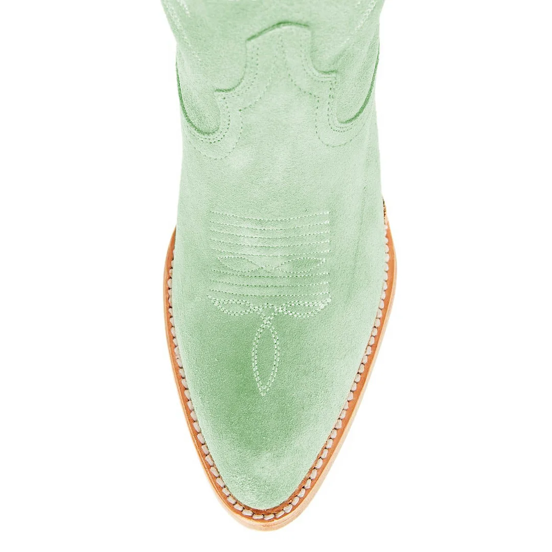 Light Green Vegan Suede Embroidered Cowgirl Boots with Pointed Toe