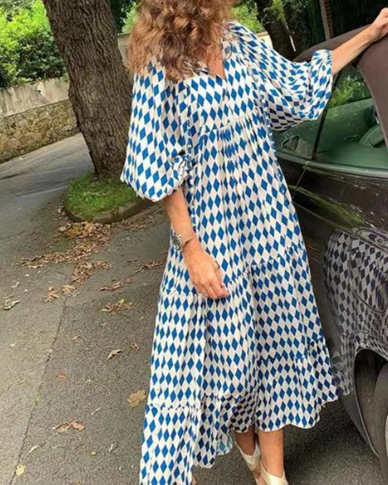 Geometric Collage Bubble Sleeve Dress