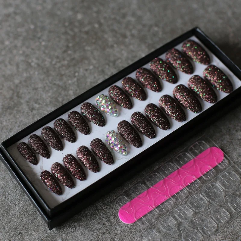 Art design Glitter powder fake nails red pink 26pcs Stiletto Full crystal diamond false nails wedding nails-Nail Inspo