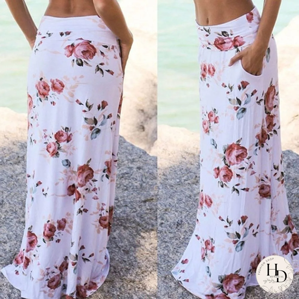 Women Summer Pocket Design Beach Dress Floral Casual Skirt Low Waist Long Loose Skirts Dress