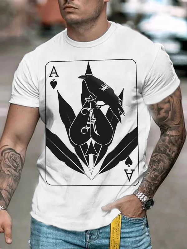 Men's casual white poker print short sleeve T-shirt.jpg