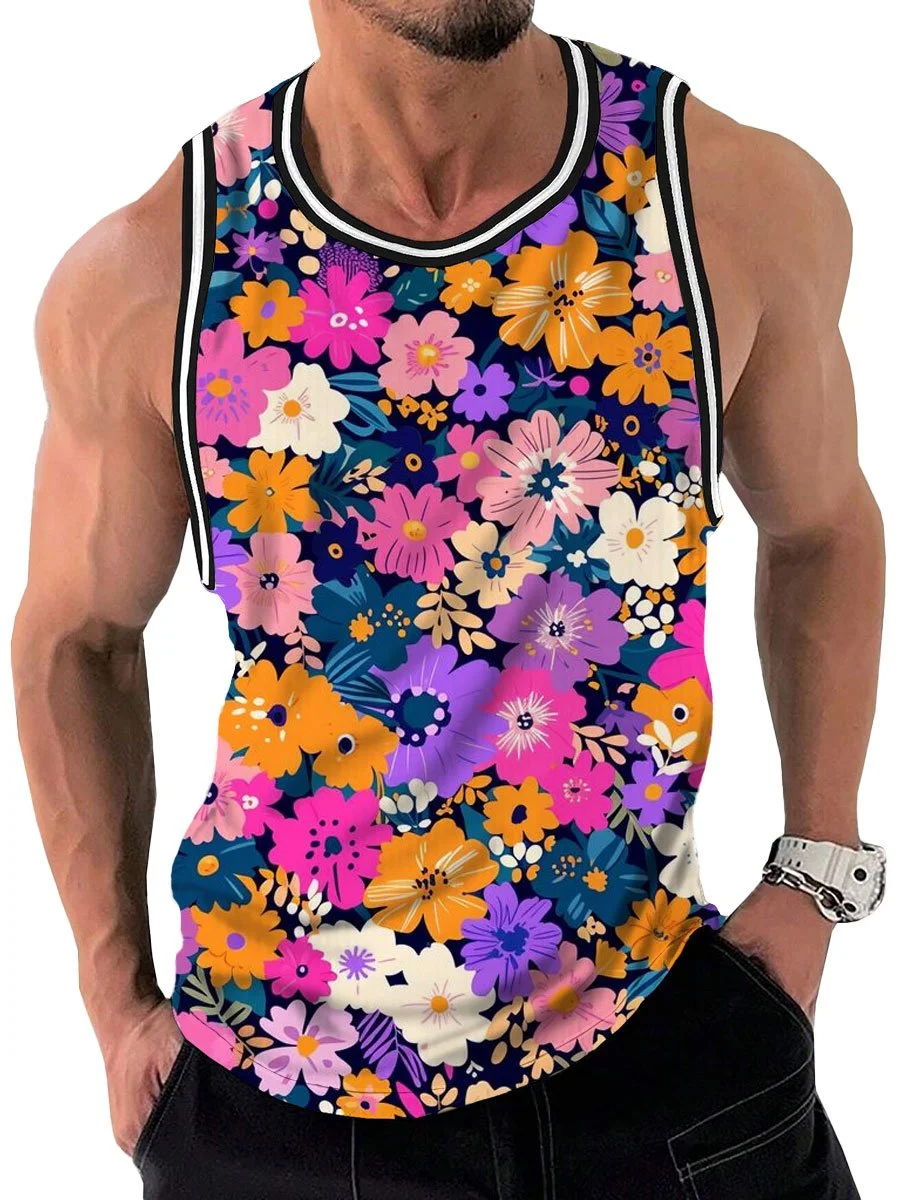 Men's Colorful Floral Print Casual Round Neck Tank Top