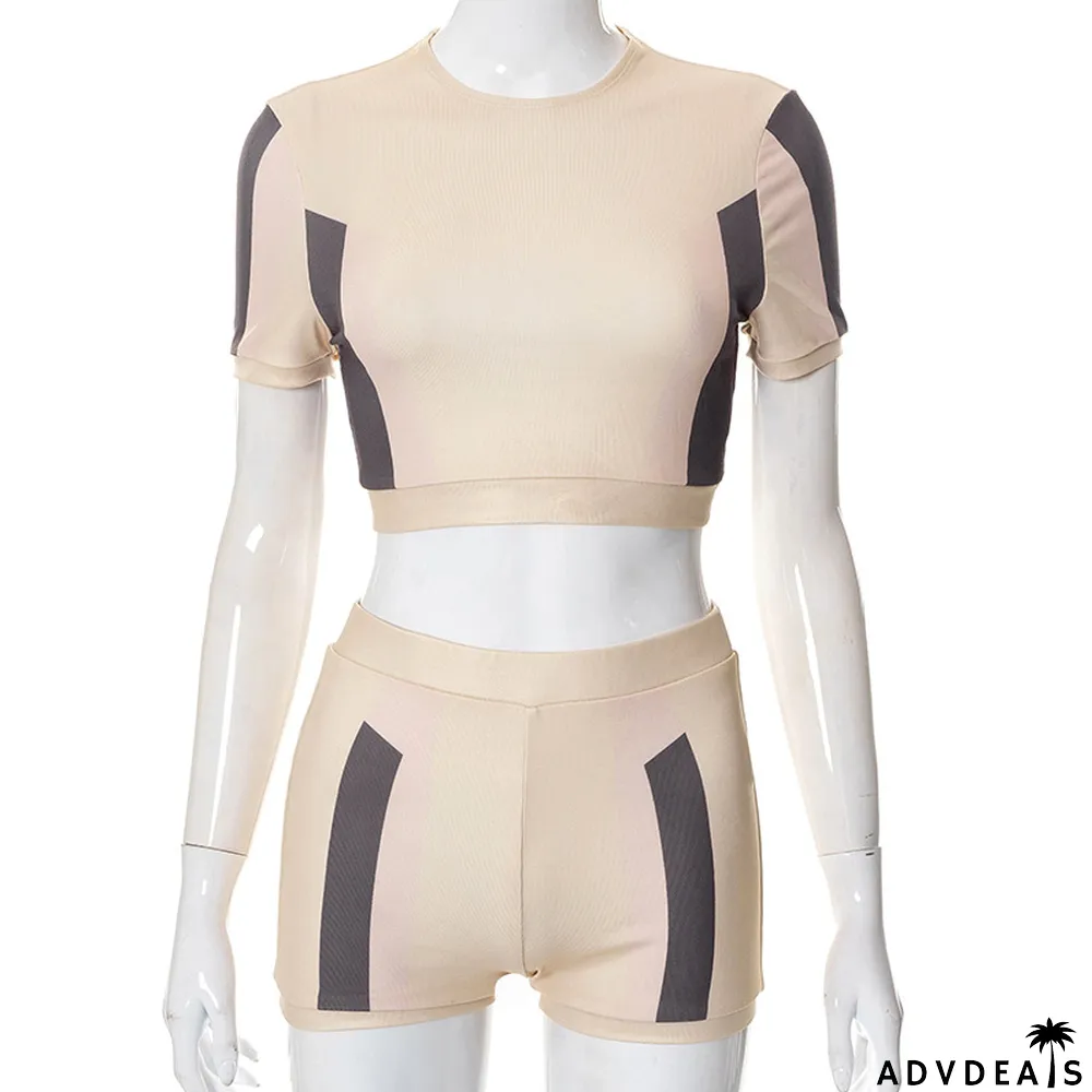Women Summer Color Block Crop T-Shirt and Shorts Two-Piece Set