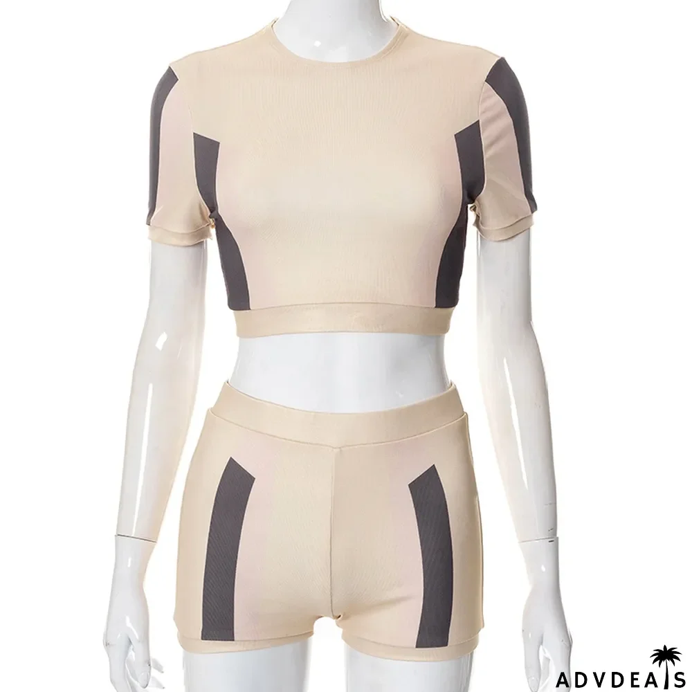 Women Summer Color Block Crop T-Shirt and Shorts Two-Piece Set