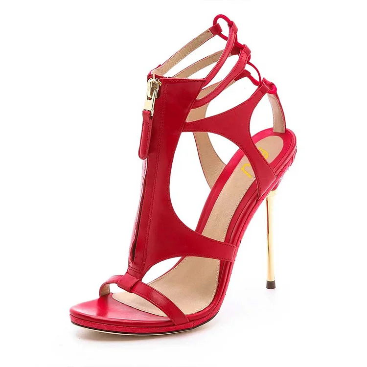 Red Open Toe Front Zip Caged High Heels Sandals for Women |FSJ Shoes