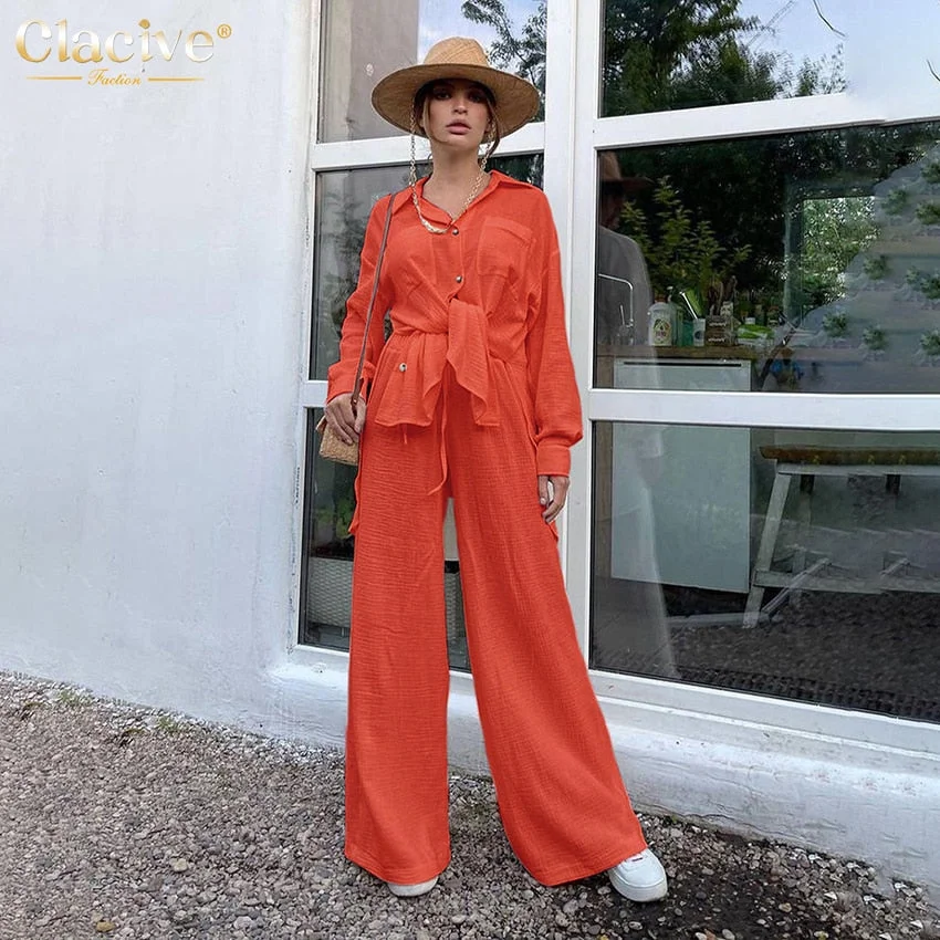 Clacive Casual Loose Pink Two Piece Pants Set Women Fashion Long Sleeve Blouses Matching Wide Trousers Suit Lace-Up Pant Sets