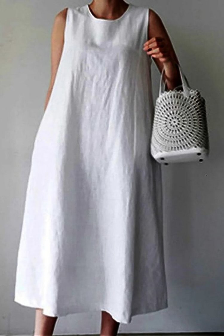 Linen Sleeveless Round Neck Loose Midi Dress