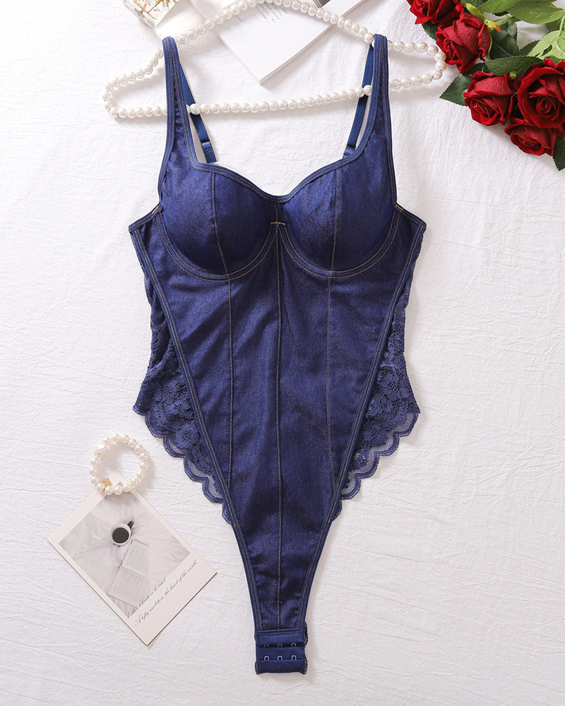 Lovingerie - Backless Lace Denim Bodysuits