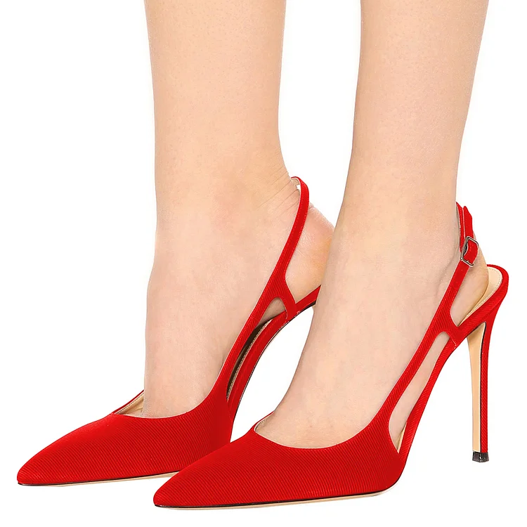 Women's Red Slingback Heels Stripes Buckle Pumps |FSJ Shoes