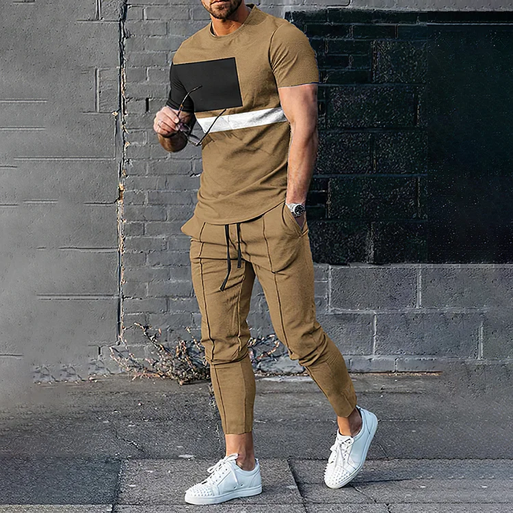 BrosWear Casual Khaki Geometry Short Sleeve T-Shirt  And Pants Co-Ord