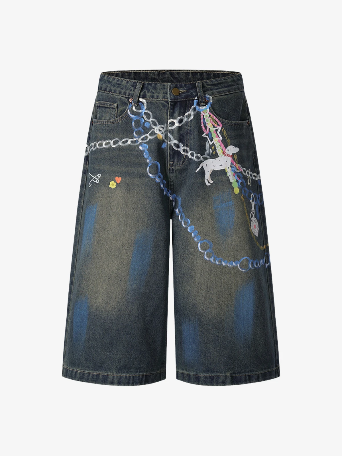 Dark Blue Act Chic 3D Painted Graffiti Dalmatian Longline Jorts Front