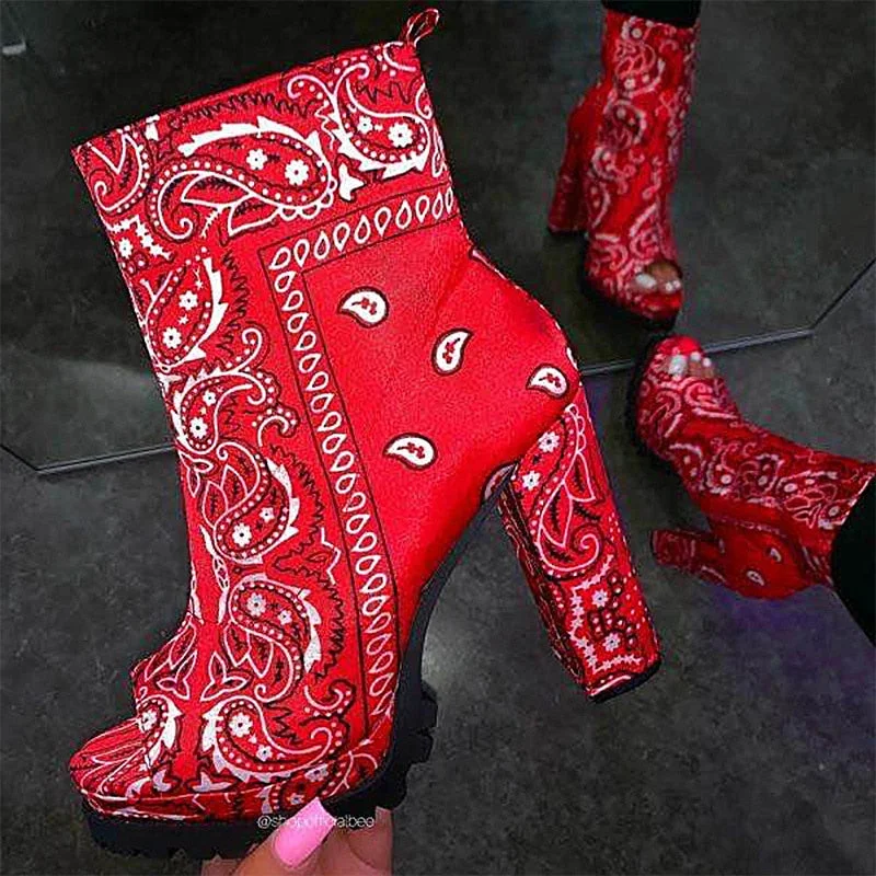 Back to college Bandana Women Ankle Boots Peep Toe Woman Footwear Zip Shoes Platform Leather Graffiti Square Heels Fashion Botas Mujer Big Size
