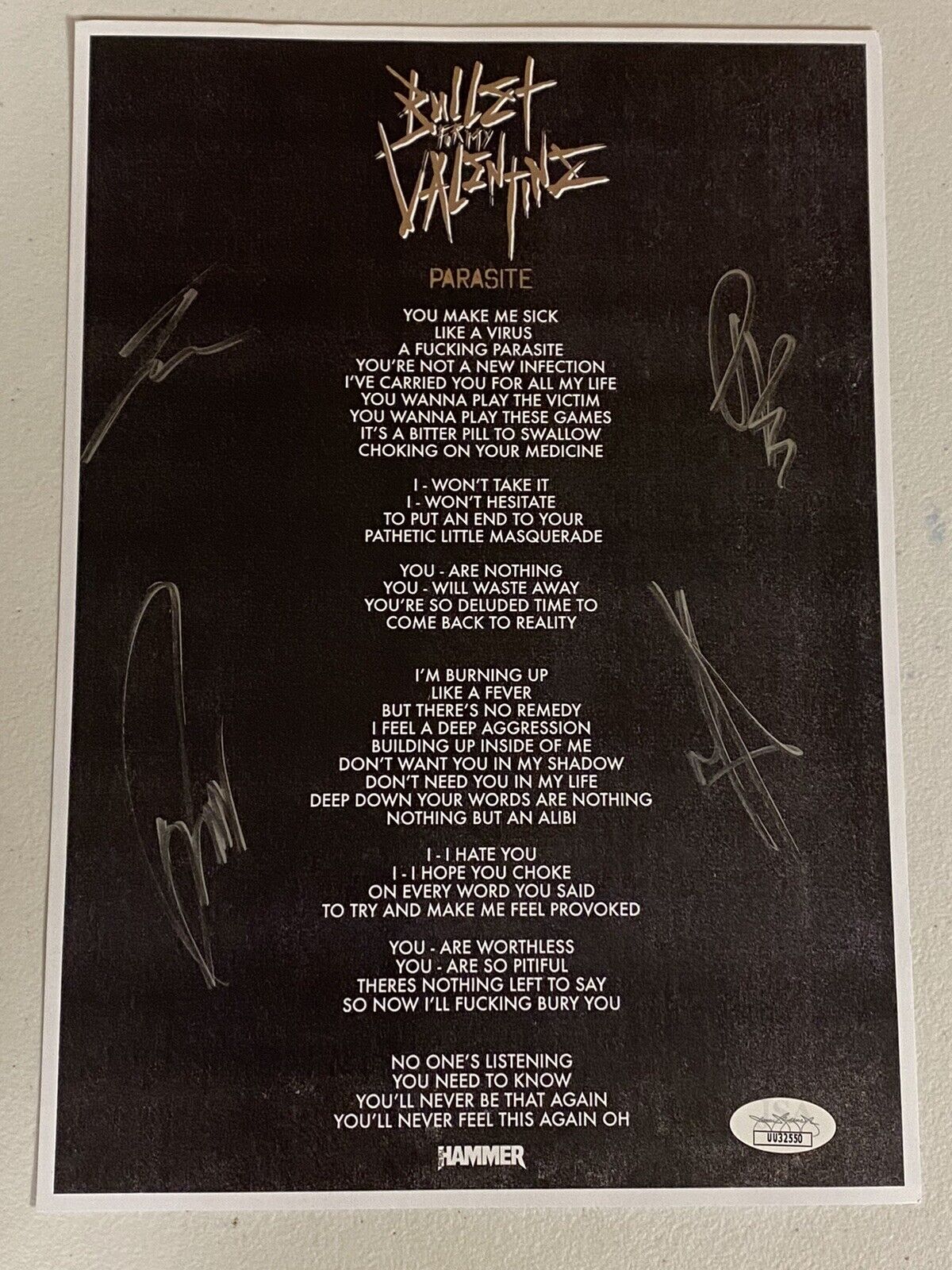 BULLET FOR MY VALENTINE SIGNED AUTOGRAPHED LYRIC SHEET WITH JSA COA # UU32550