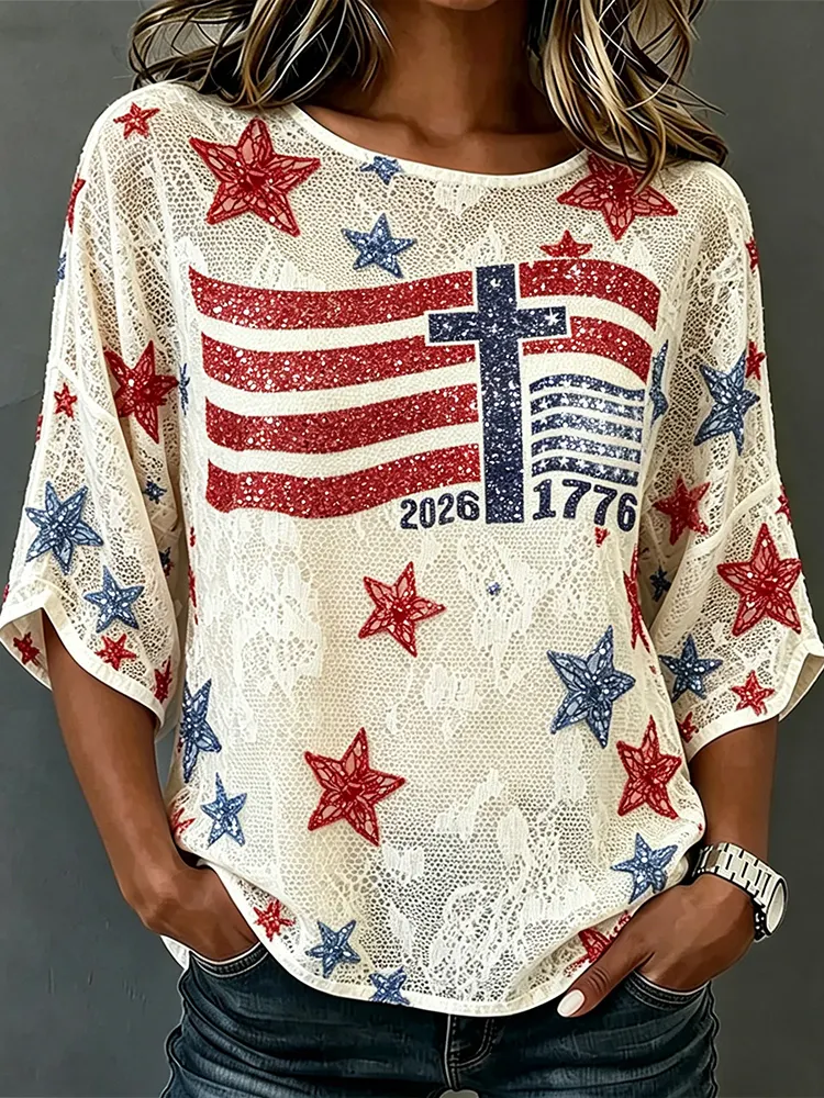 Vintage American Flag Inspired Stars Lace Linen T Shirt
