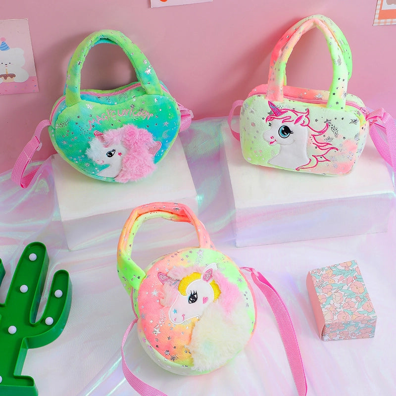 Girl’s Medium Plush Cartoon Cute Sequins Embroidery Round Heart Shape Square Zipper Handbag Crossbody Bag