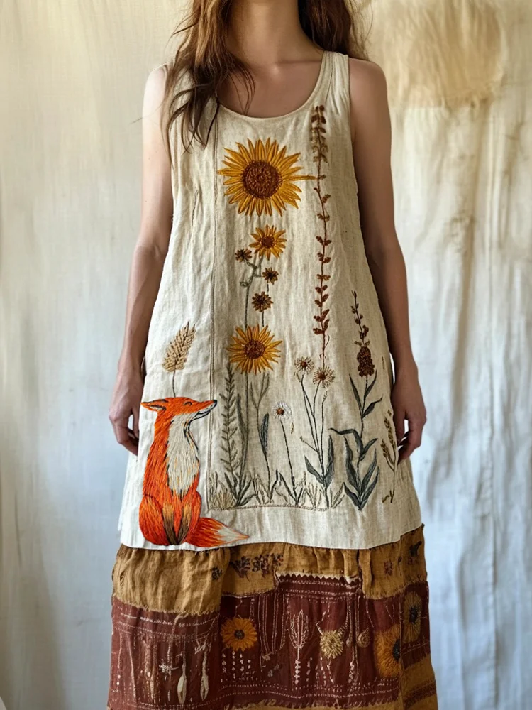 Utbros Farm Fox & Floral Embroidery Women's Linen Vest Dress