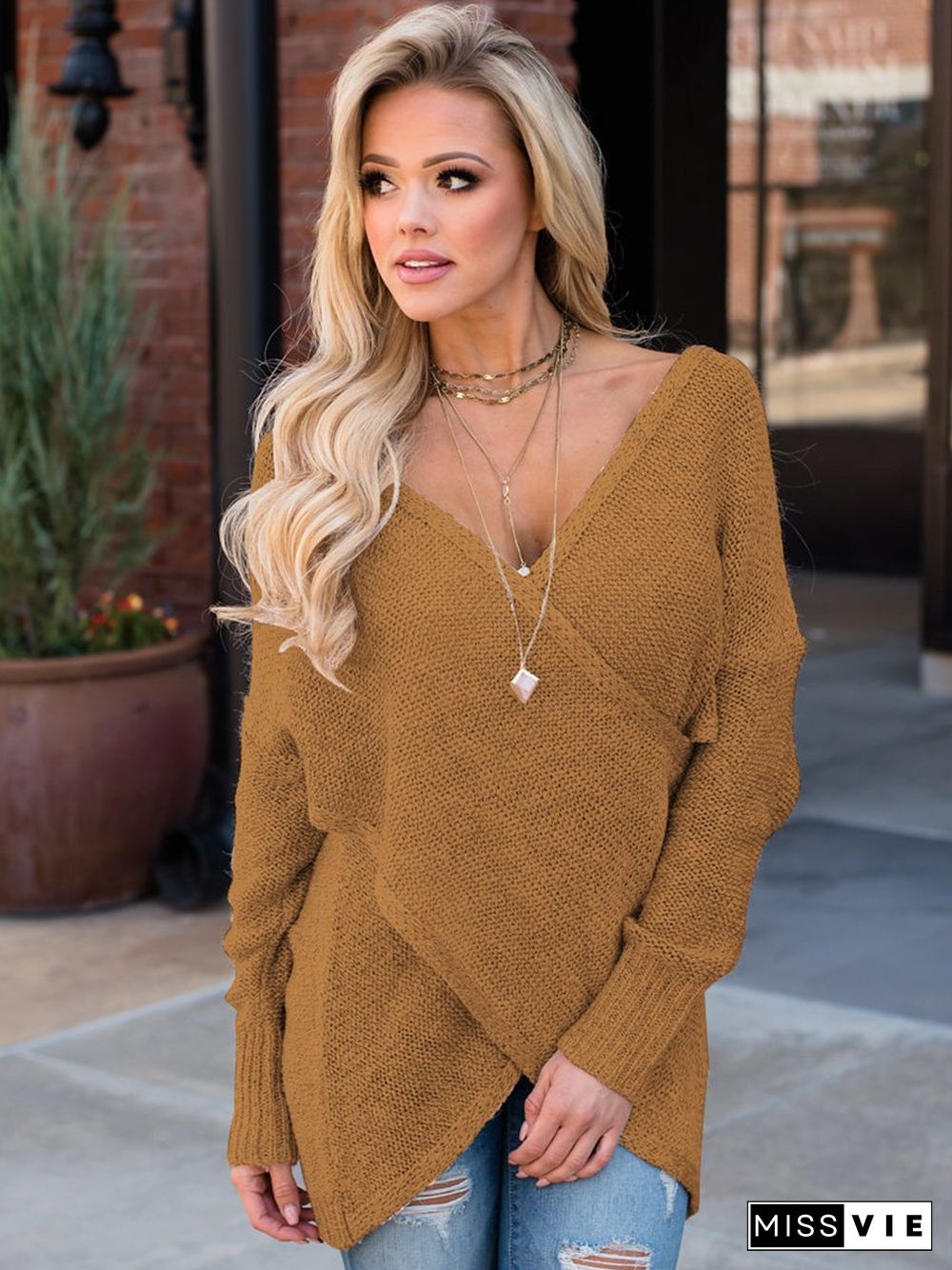 Deep V-Neck Wrap Knitted Sweater