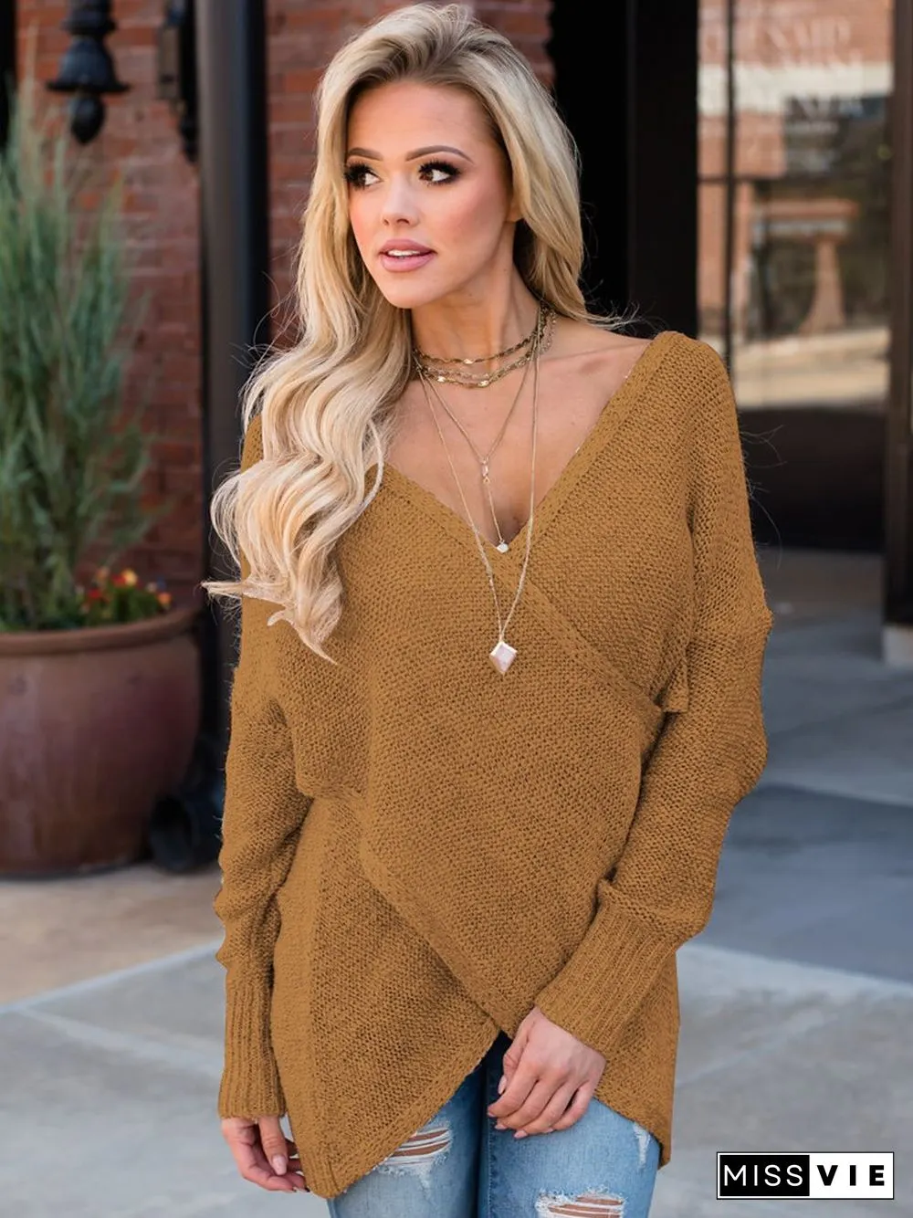 Deep V-Neck Wrap Knitted Sweater