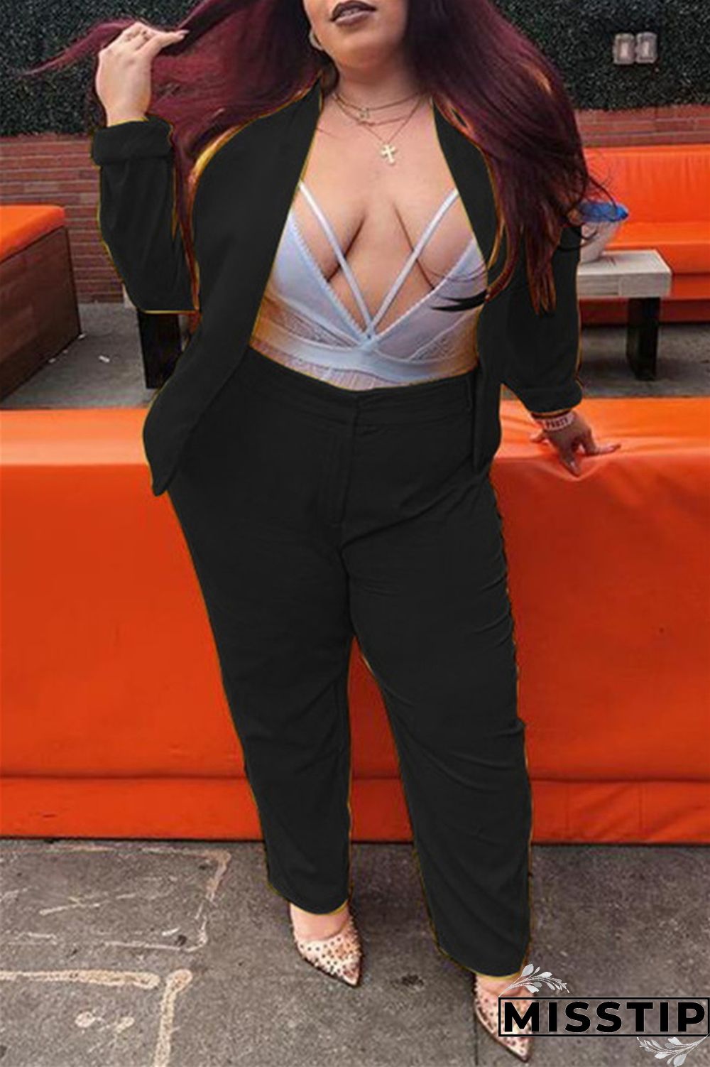 Black Fashion Casual Solid Cardigan Pants Plus Size Two Pieces