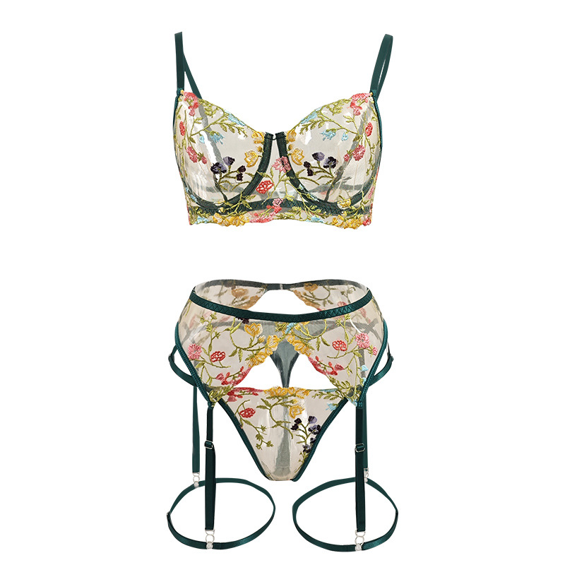 Lovingerie - Idyllic 4-Piece Erotic Lingerie Set Floral Embroidered Underwire Bra Sexy Thong with Leg Rings 