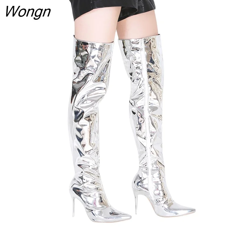 Wongn Silver Mirror Thigh High Boots Women T Show Pointy Toe Club Party Shoes Thin High Heels Over The Knee Long Boots For Women