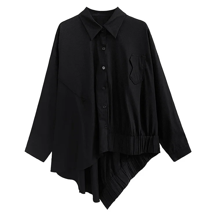 Irregular Solid Color Long Sleeve Lapel Shirt - yankia