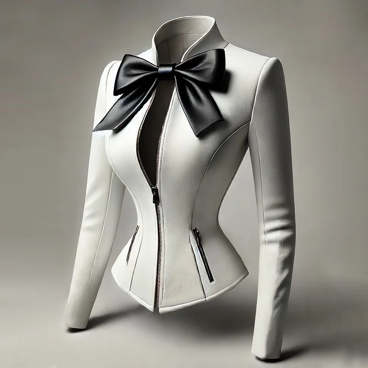 Ursime Stand Collar Bow Zip Up PU Leather Jacket
