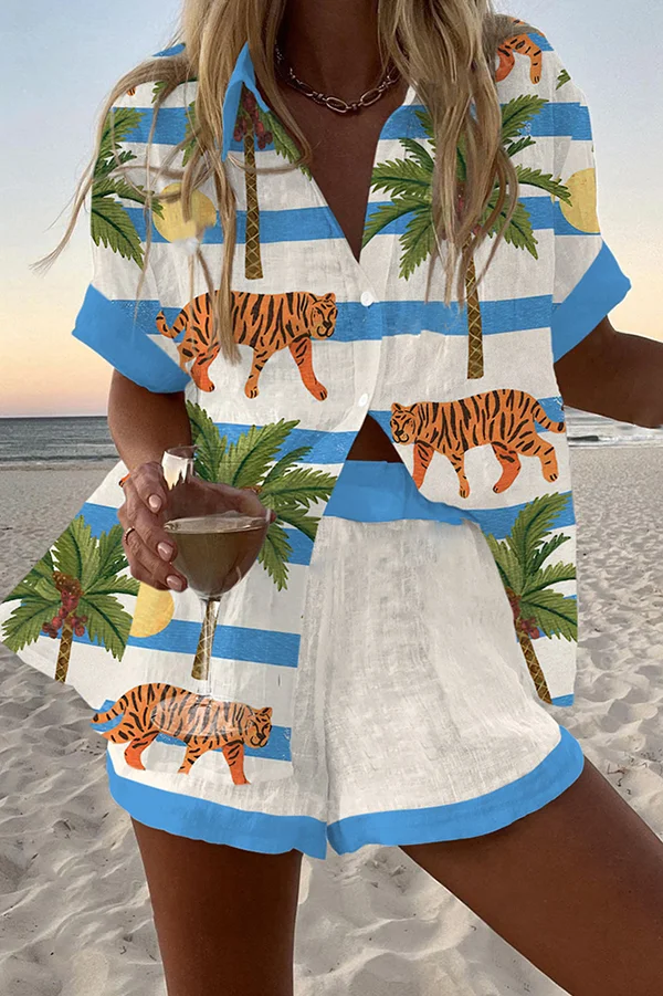 Tiger and Coconut Tree Print Loose Button Elastic Waist Shorts Set