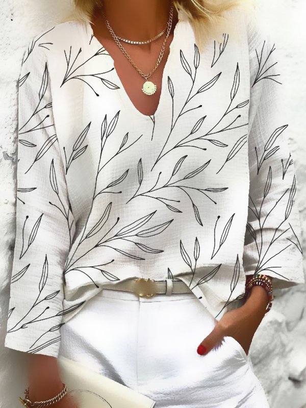 V-neck Cotton And Linen Leaf Print Blouse