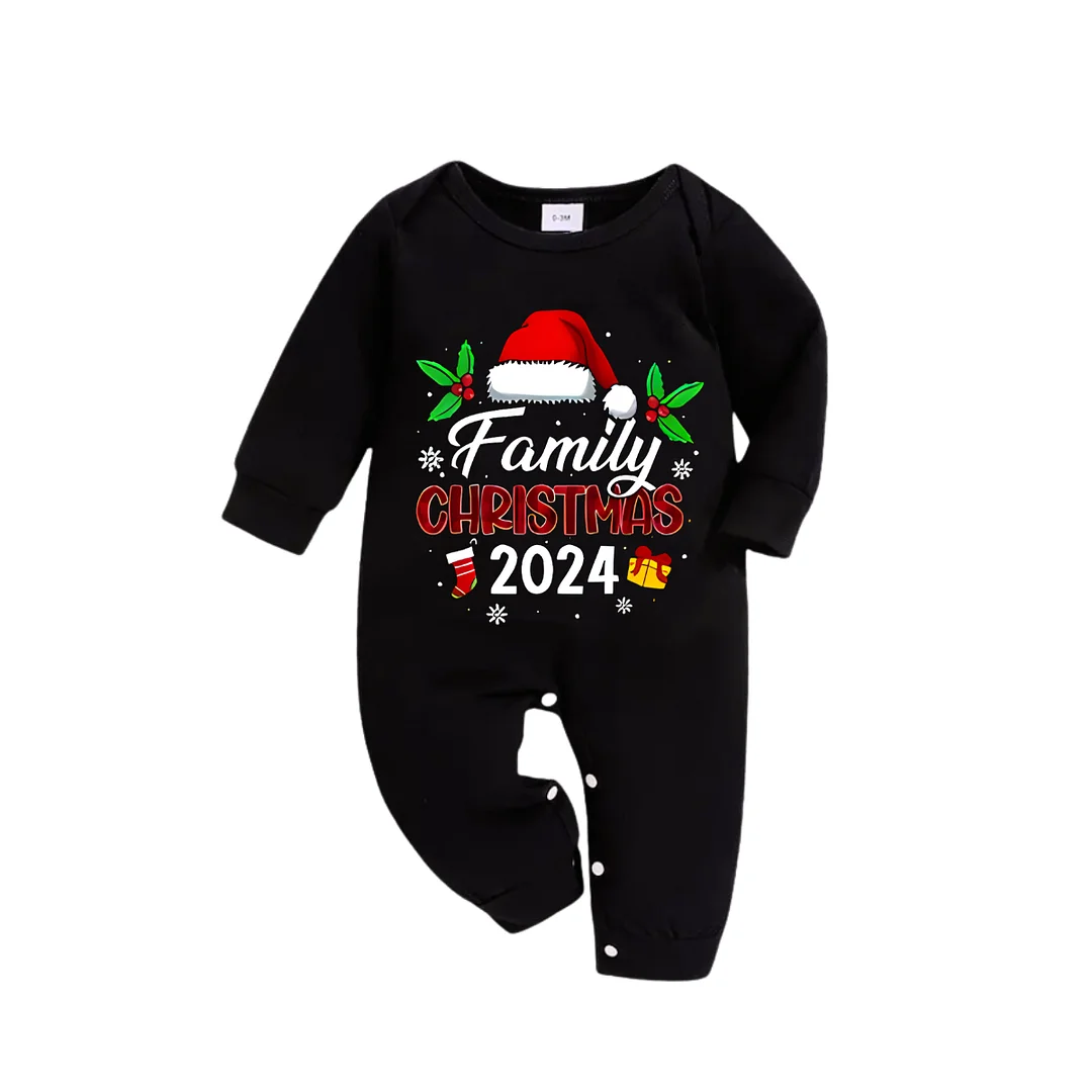 "Family Christmas 2024" Text and Santa Hat Printed Red and Green Plaid Family Matching Pajama