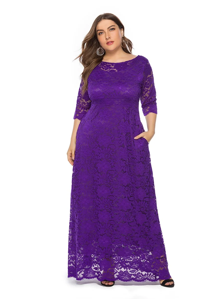 Plus Size Dress O Neck Three Quarters Sleeve Solid Color Lace Maxi Long Dress