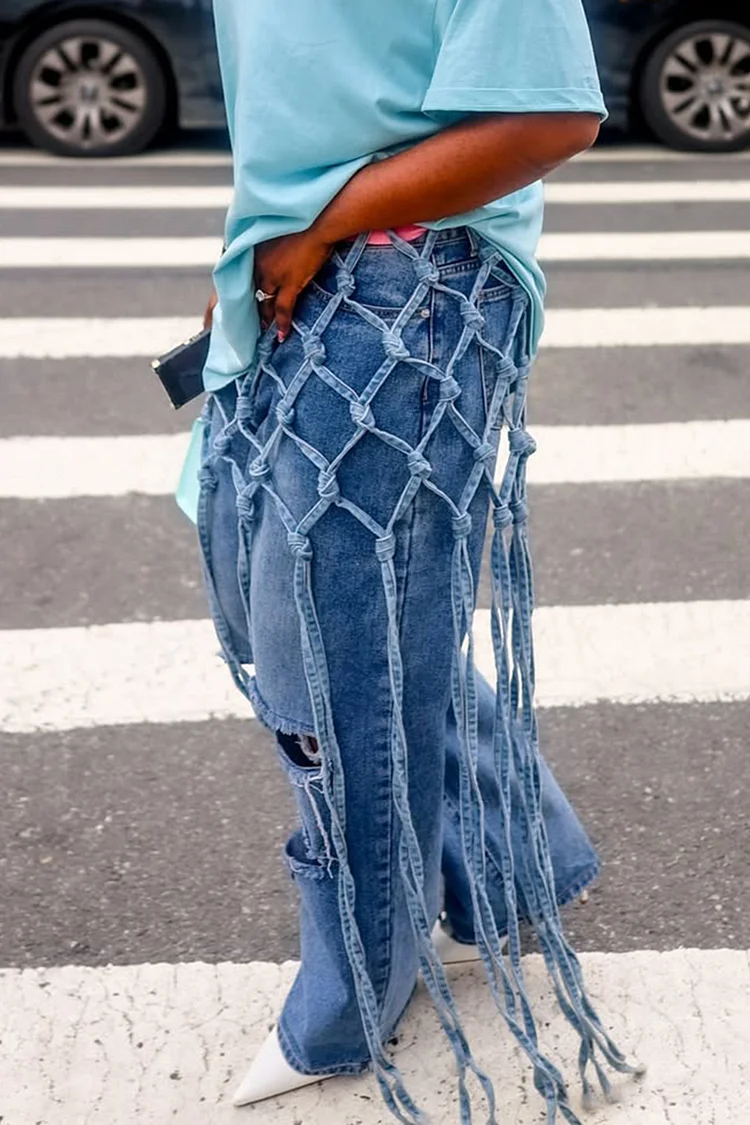 Plus Size Daily Blue Strappy Casual Cut Out Denim Jeans [Pre-Order] 2024 - Xpluswear