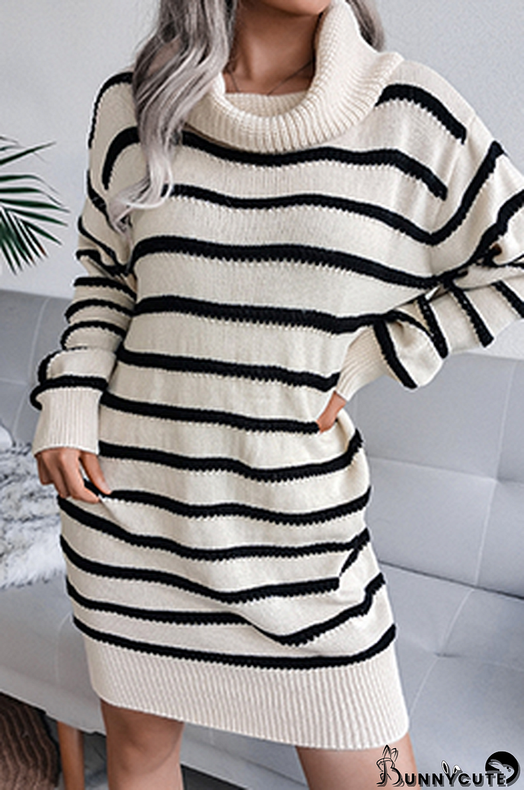 Casual Striped Split Joint Contrast Turtleneck Dresses (Without Belt)