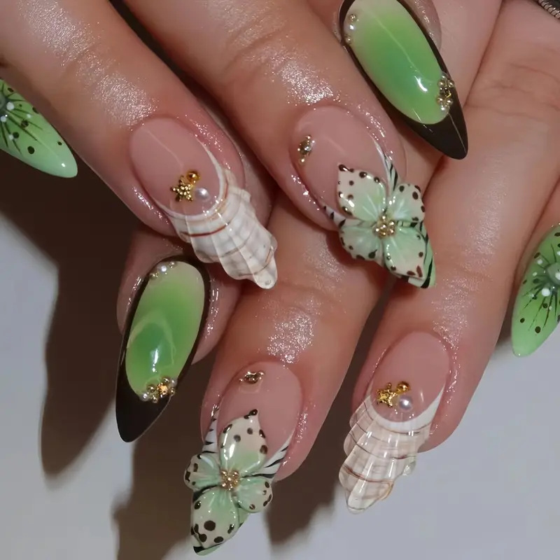 24pcs Brown Leopard Print Press On Nails Cute Stereo Flower Gold Ball Designs False Nail Sweet Cool European Wearable Fake Nail