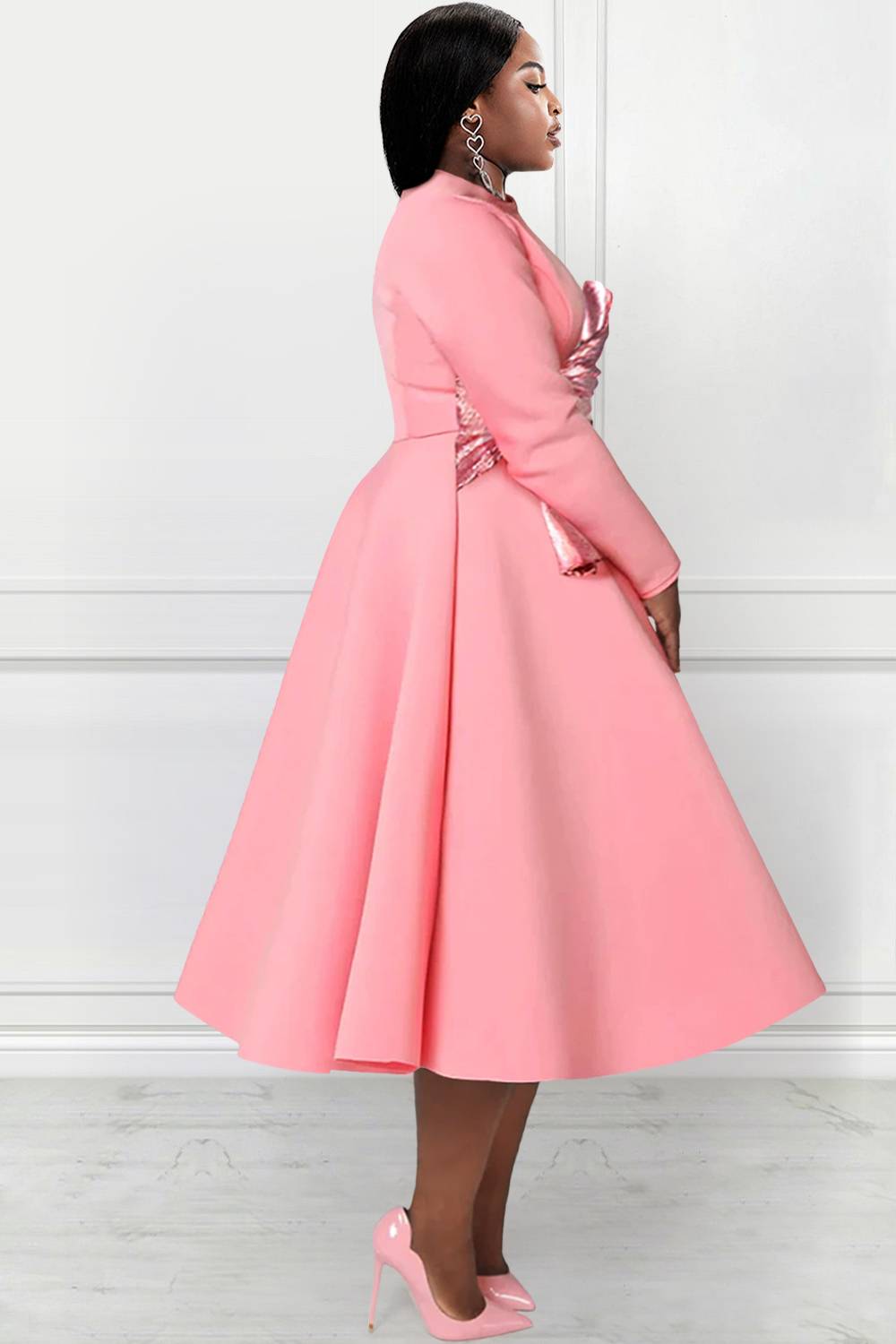 Design Plus Size Formal Midi Dresses Elegant Pink Fall Winter Crew Neck Long Sleeve Contrast Knitted Midi Dresses