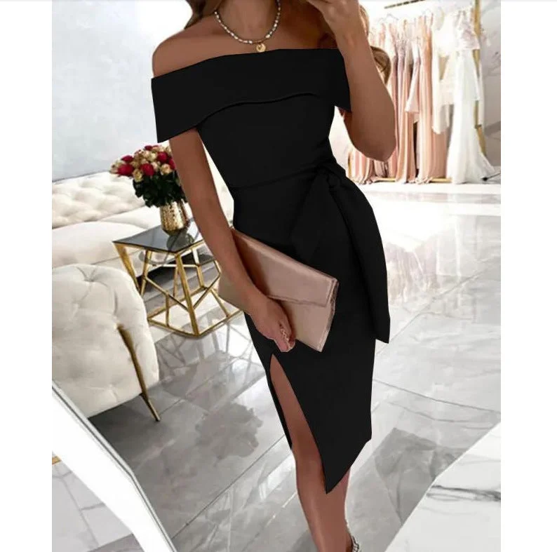 Uveng Off-neck Solid Mid Waist Color Lace-up Regular Dress