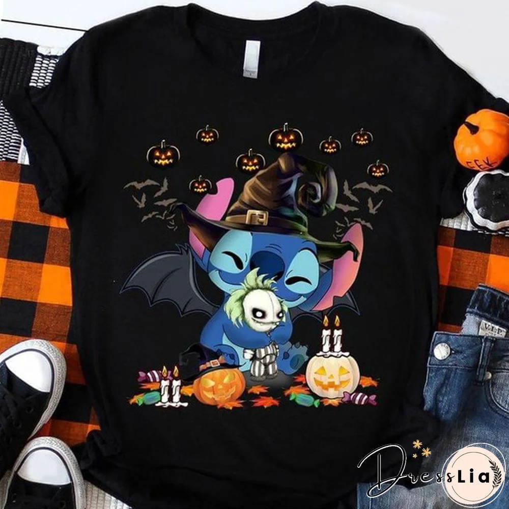 Halloween Stitch Hugs Beetlejuice Jack-O'-Latern T-Shirt Halloween Gift Black T Shirt Men And Women S-6Xl Cotton