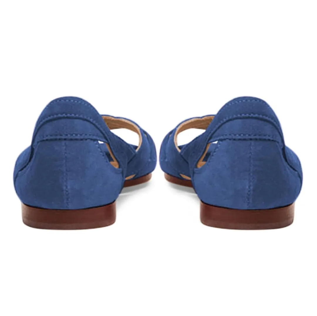 YDN Blue Vegan Suede Peep Toe Cut-Out Flat Sandals for Women