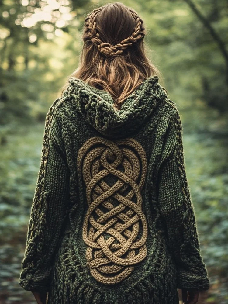 VChics Women's Celtic Knot Contrast Color Chunky Knit Hooded Cardigan Sweater