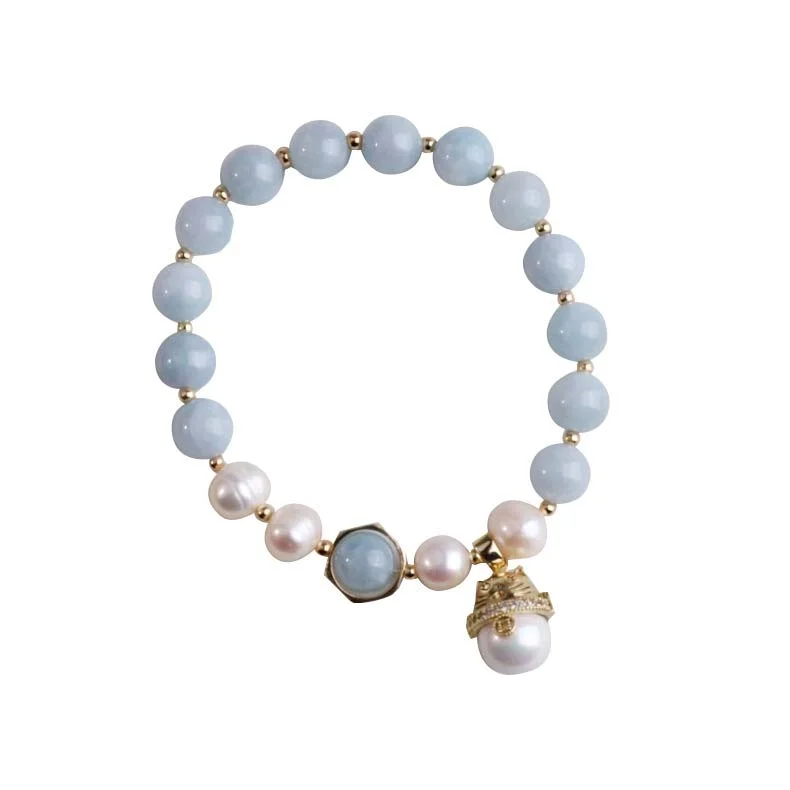 Aquamarine Pearl Peace Healing Lucky Cat Charm Bracelet