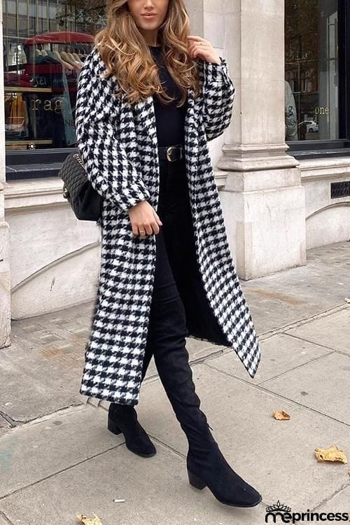 Houndstooth Lapel Woolen Coat