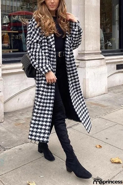 Houndstooth Lapel Woolen Coat