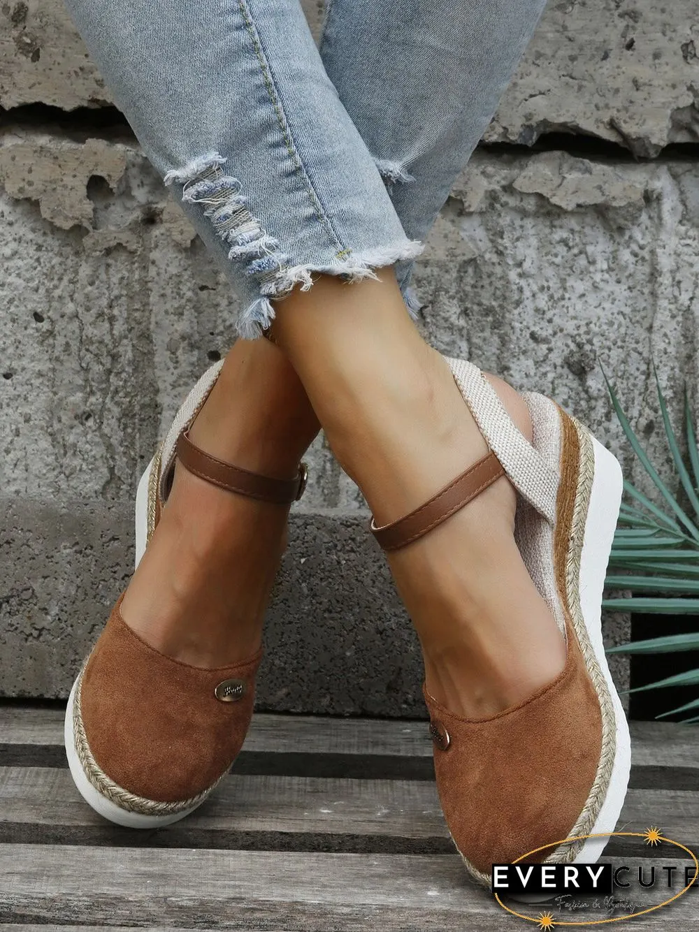 Women Color Block Summer Vacation Braided Non-Slip Block Heel Espadrille Sandals Adjustable Buckle EVA Wedges&Flatform